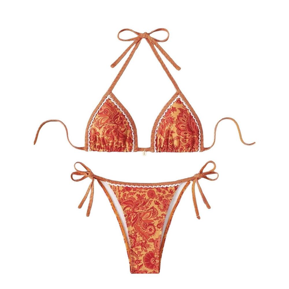 BYFINECANY Women's Floral Printed Swim Bikini Set Orange S
